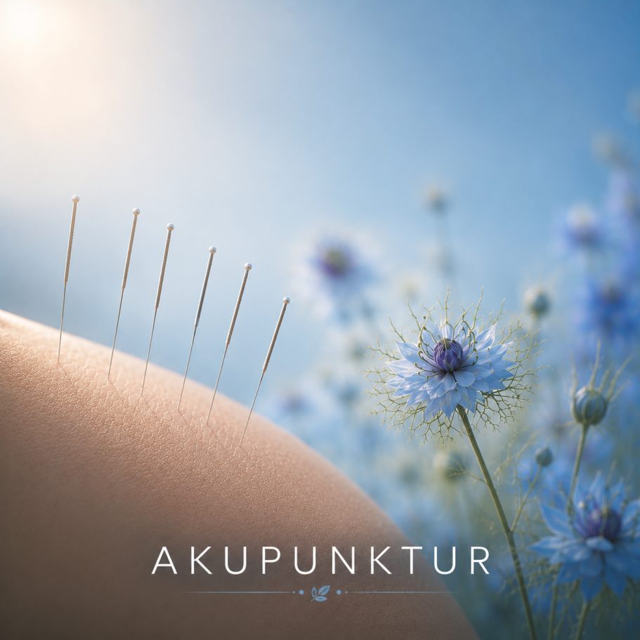 Akupunkturnadeln in sanften Blautönen vor einer ruhigen Naturkulisse als Symbol für eine entspannende Akupunkturbehandlung.