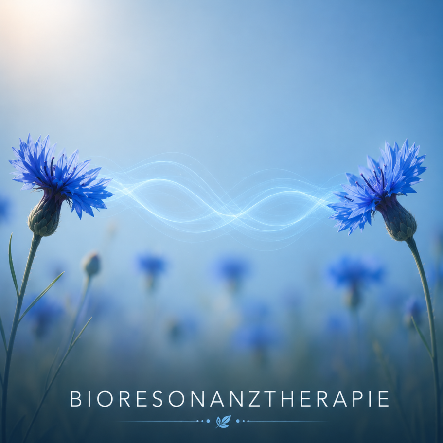 Sanfte Energiewellen zwischen blauen Kornblumen als Symbol für die Bioresonanztherapie.