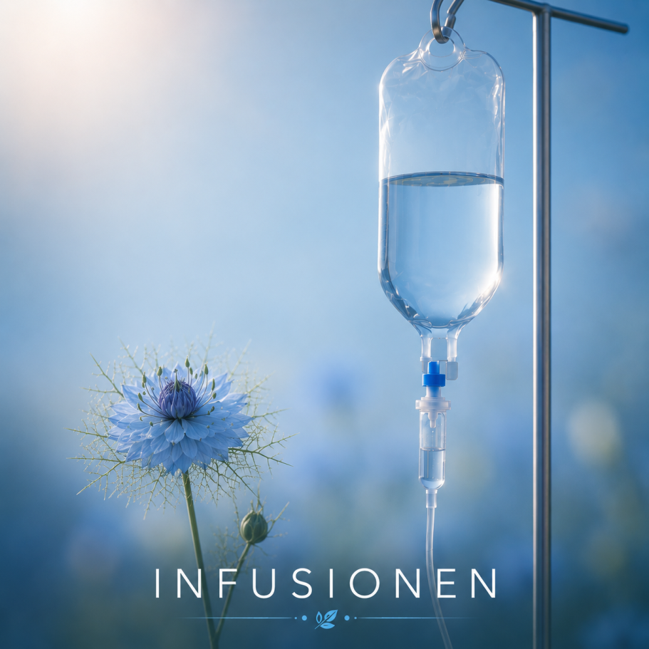 Infusionsbeutel in einer hellen, beruhigenden Umgebung mit blauen Blüten als Symbol für Infusionstherapie.
